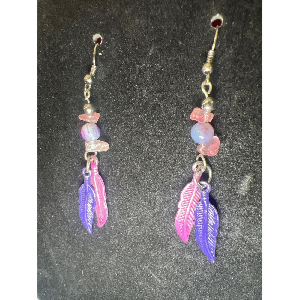 Boho Feather Earrings Pink Purple Beaded Dangle Drop Tribal‎ Festival